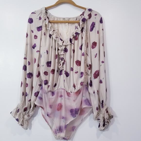 Intimately Free People Floral Print Ruffle Lace Bodysuit Blouse Long Sleeves - Picture 4 of 16